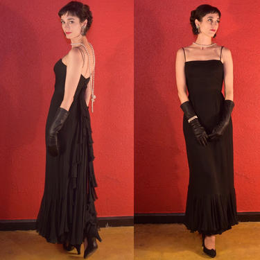 1950s Black Chiffon Demi Couture Quality Gown 