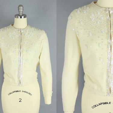 1950s SEQUINED Cardigan | Vintage 50s 60s Cream Sweater with Iridescent Sequins and Beads | s/m 