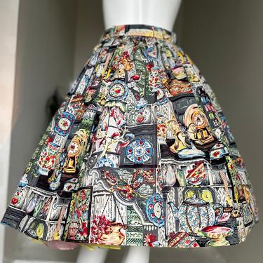 1950s Parlor Novelty Print Skirt w/ Belt 30'' Waist Vintage Colonial 