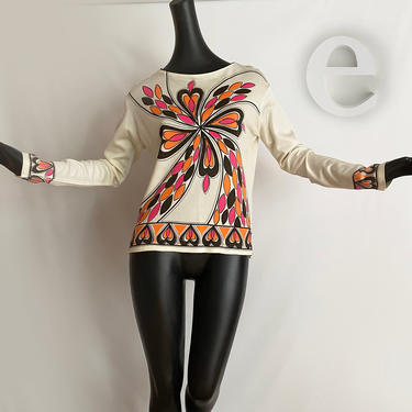Vintage 60s MOD Tunic Top • Psychedelic Hippie Boho Twiggy Pucci, Shaheen &amp; Mr. Dino Style Screen Print by Jane Colby • Pink Orange  Large 