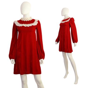 1960s Velvet Mini Dress - 1960s Baby Doll Dress - Vintage Red Velvet Dress - 1960s Holiday Dress - Vintage Christmas Dress | Size Small 