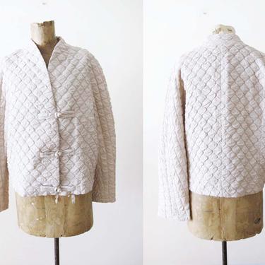 Vintage Quilted Off White Neutral Beige Jacket S M - Minimalist Asian Frog Button Boxy Jacket - Textured Jacket - 90s Clothing 