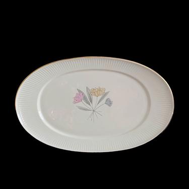 Vintage Mid Century Modern 1960s THOMAS Germany Porcelain LARGE 15&quot; Tray Platter with Floral Scene and Ribbed Design Pattern: 7489 