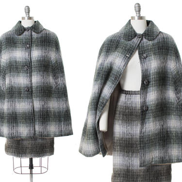 Vintage 1970s Cape &amp; Skirt Set | 70s Scottish Plaid Mohair Wool Matching Poncho and Pencil Skirt (small) 
