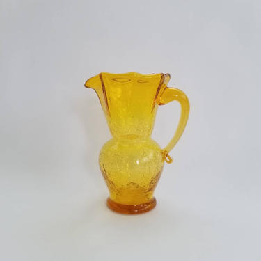 Vintage 70s Crackle Glass Vase / Yellow Mini Pitcher with Handle &amp; Spout / Window Glass Bud Vase / Retro Home Decor / Small Glass Decanter 