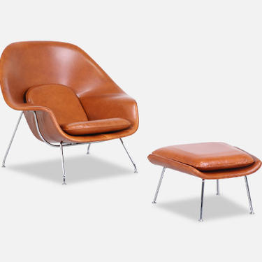 Eero Saarinen &quot;Womb&quot; Leather Chair with Ottoman for Knoll