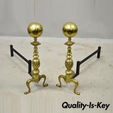 Brass Cannonball Spiral Turned Shaft Cast Iron Andirons Fireplace Tools - a Pair