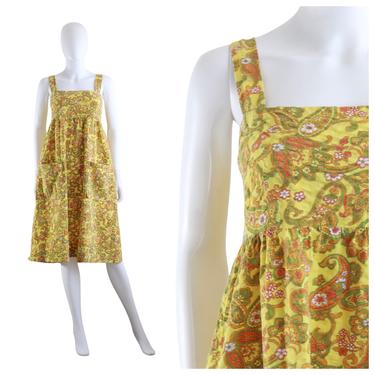 1970s Yellow Orange & Green Paisley Cotton Sundress - 1970s Sundress  - 1970s Paisley Dress - 1970s Peasant Dress - 70s Dress | Size Medium 