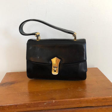 Small Black Leather Top-Handle Bag with Gold-Toned Hardware - 1960s 