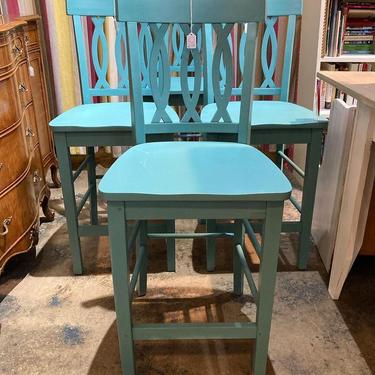 Four blue painted tall chairs. 18” x 18” x 40” seat height 24”