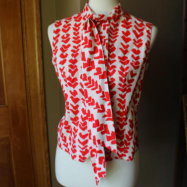 Mid Century &quot;Majestic&quot; Red and White Patterned Sash Blouse 