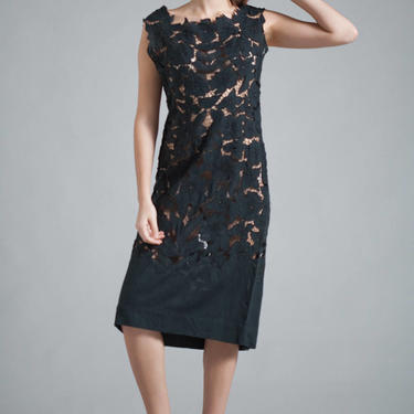 vintage 50s 1950s black irish linen cutout doily sheath lace dress floral embroidery eyelet sleeveless MEDIUM M 