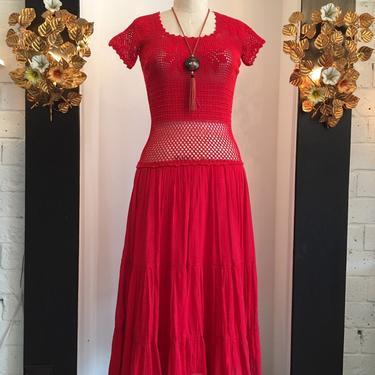 1990s maxi dress, vintage 90s dress, red crochet dress, see through dress, bohemian dress, size medium, hippie dress, boho style 