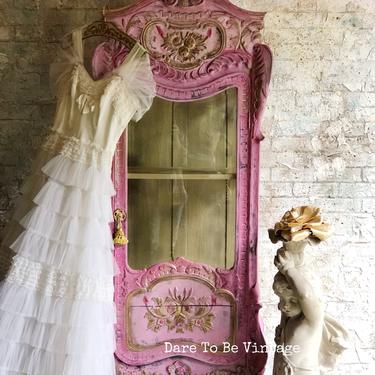 French Provincial China Armoire Cabinet - Vintage China Cabinet Armoire - French Country China Cabinet - Painted Furniture - Pink 