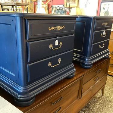 Painted navy blue 3 drawer nightstands. 27.5” x 17.5” x 25”