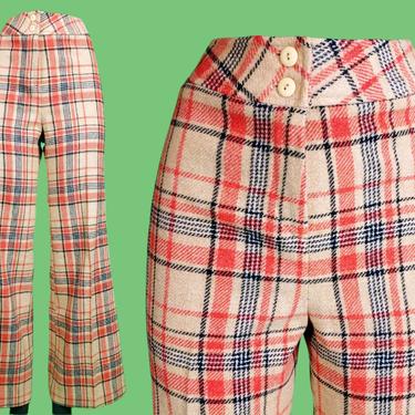 Vintage wool plaid pants. 60s/70s high rise, wide leg. (32×32) 