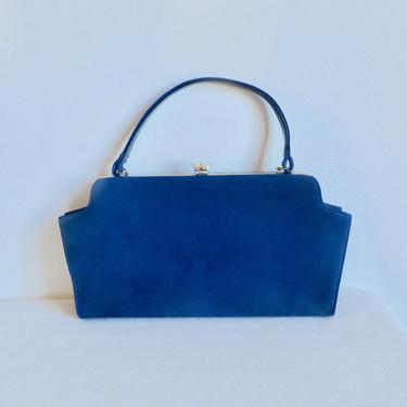 Vintage 1960's Mod Cobalt Blue Suede Rectangular Purse Top Handle Gold Frame Hardware 60's Handbags Mar-shel 