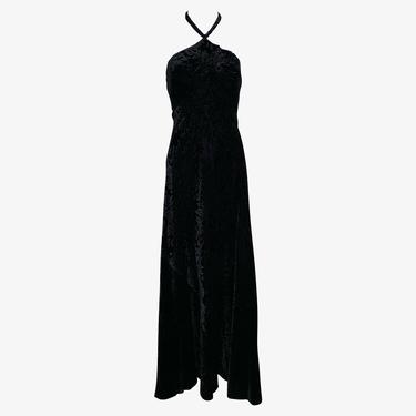 Galanos 70s Textured Black Velvet Halter Gown