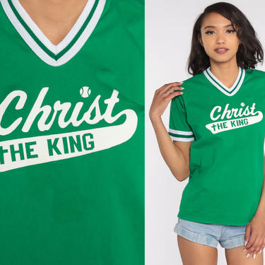 70s Jesus Shirt Christ The King Shirt Vintage Ringer tshirt 80s T Shirt Christian Tshirt White Green Retro Small 