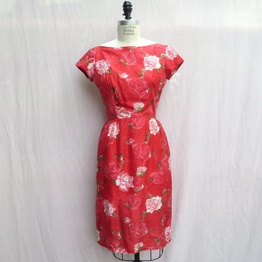 Vintage 1960's Red Pink Rose Print Silk Wiggle Sheath Dress Cocktail Party 26&amp;quot; Waist Small 