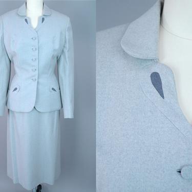 1950s Grey Wool Suit | Vintage 40s 50s Skirt Suit with Contrasting Teardrop Details | medium 