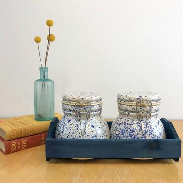 Vintage Blue & White Speckle Glaze Ceramic Storage Canisters, Set of 2 Airtight Swing Top Clamp Lid Jars in Blue Wooden Caddy Carrier 