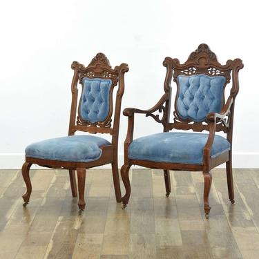 Pair Carved Victorian Tufted Velour Accent & Armchair