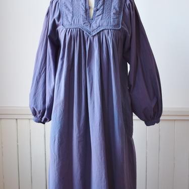 Vintage 1970s Lavender Indian Cotton Dress | S | 70s/80s Soft Cotton Purple Tent Dress with Bishop Sleeves and Quilted Top | Pockets 