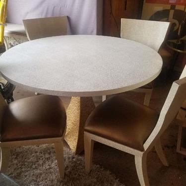 Made Goods Noor Table Round with Gold Base and Four Blair Dining Chairs