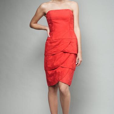 vintage 80s red dress bolero set rose jacquard strapless tiered tulip S (26&quot; waist) - Small 