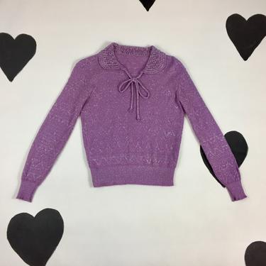 70's purple keyhole glitter knit sweater 1970's collared sheer delicate lace crochet knit pastel silver lurex metallic disco knit top / XS S 