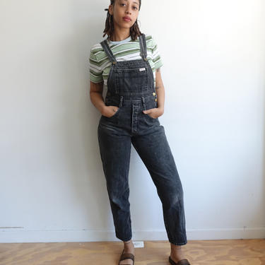 Vintage 80s Guess Black Overalls/ 1980s Tapered Leg Stonewashed Denim Bib Overalls Jumpsuit/ Size small 