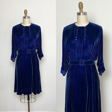 Vintage 1930s Dress 30s Silk Velvet Day Dress Cobalt Blue 