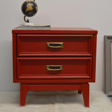 Mid-century style night stand / bed side table painted in red. by Unique