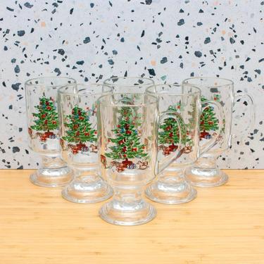 Vintage 1980s Christmas Tree Drinking Glasses with Handles - Holiday Clear Glass Set - Set/6 