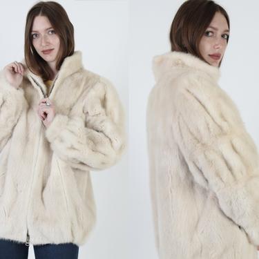 Platinum Mink Fur Bomber Jacket / 80s Plush Blonde Puff Sleeve Coat / Warm Zip Up Ivory Overcoat 