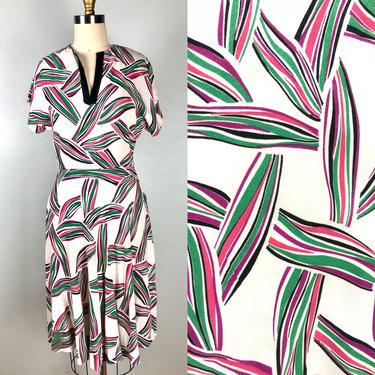 Vintage 1940s Abstract Tropical Print Summer Dress Swing Modern Color Block 