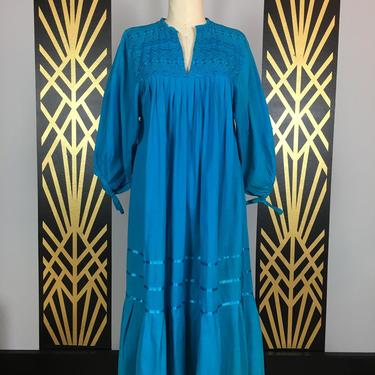 1970s tent dress, turquoise cotton, vintage dress, muu muu, trapeze style, hippie dress, Mexican tunic, bohemian, medium, puff sleeves, boho 