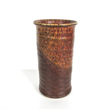 Vintage Cylindrical Studio Pottery Vase, Vintage Boho Vase, Earthen Brown Signed Stoneware Pottery Vase 
