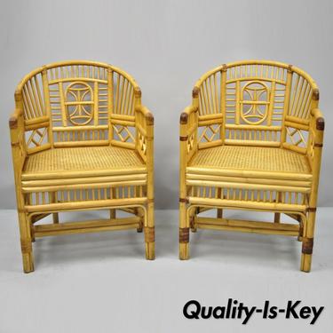 Pair of Vintage Brighton Pavilion Style Bamboo &amp; Cane Rattan Arm Chairs (B)