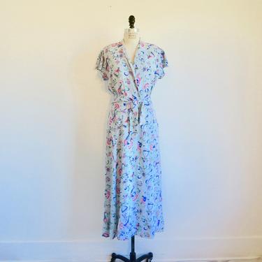 Vintage 1940's Light Blue and Pink Novelty Print Long Housedress Robe Wrap Dress WW2 Era Rockabilly 40's Loungewear Textron 29" Waist Medium 