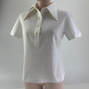 1960'S MOD BLOUSE - White Cotton Jersey - Double Knit - 5 Inch Long Lapels  - Made in Sweden - Medium - NOS 