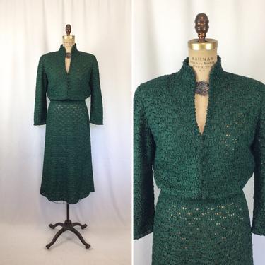 Vintage 40s dress | Vintage dark green ribbon knit dress | 1940s evergreen knit sweater dress 