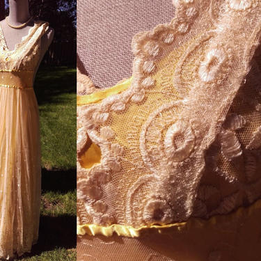 Art Deco Couture Gold Satin & Cream Crochet Lace Vintage Wedding Dress Size XXS 