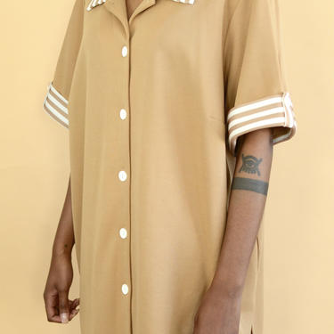 Vintage Tan Button Down Oversize Midi Shirt Dress 