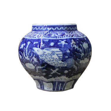 Chinese Blue White Oriental Fish Scenery Porcelain Pot Vase ws1099E 