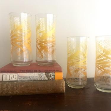 Vintage Libbey Wheat Water Glasses, Orange, Yellow, Red Wheat Pattern, Set of 4, MCM 