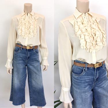 Vintage Cream Silk Ruffled button Front Blouse 
