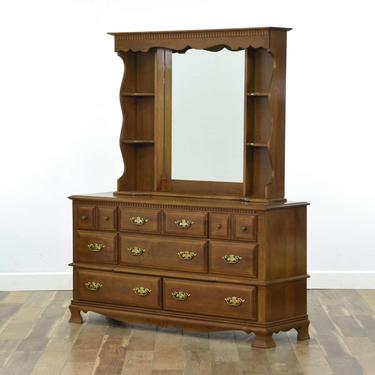 American Colonial Maple Dresser W Hutch & Mirror