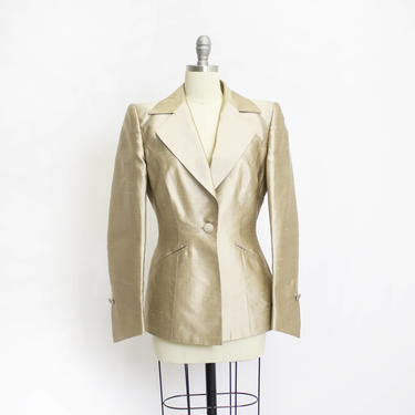 Vintage ESCADA COUTURE Blazer- 1980s Gold Silk Champagne Fitted Designer Jacket - Medium m 